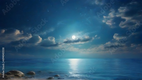beautiful seascape with a full moon and stars in the sky
