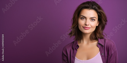 Young woman over purple wall smiling photo