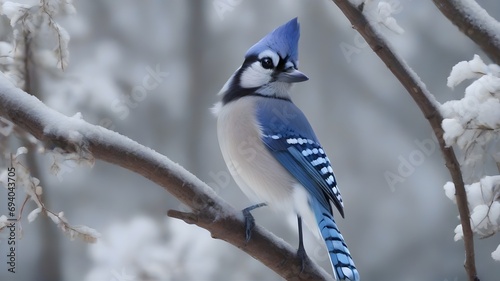 Blue jay bird sitting on a tree branch in the winter forest