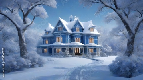 Winter landscape with a beautiful house in the forest. 3d render