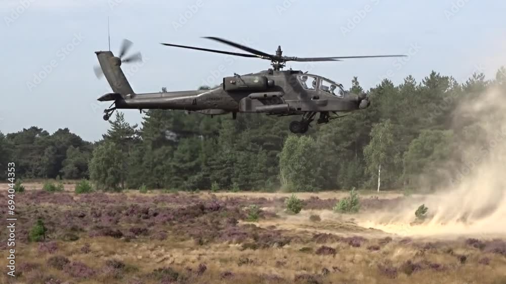 Military helicopter impressive movements with dust