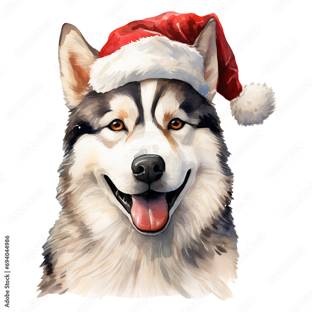 Siberian Husky with a santa hat on its head