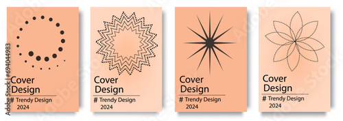 Geometric cover brochure set in fashionable Color 2024 Peach Fuzz design. Poster templates with abstract simple minimal forms of squares, circles, arrows, dots and halftone prints, curves and lines. 