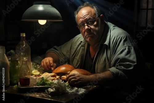 A big fat man is sitting at a table with food