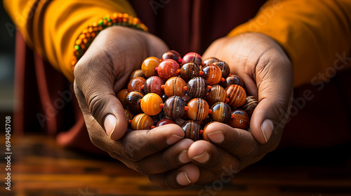 Close-up of the prayer beads in a worshipper's hand.