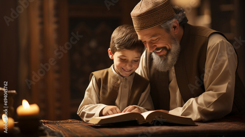 A father teaching his child to recite Quran.