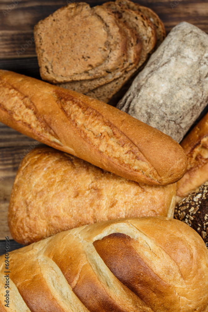 Fresh loaves of bread, various breads for toasts and sandwiches, delicious crispy breads, gluten-free breads, fresh flour and wheat breads