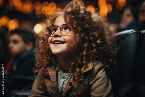 Cute Little Girl Sitting Watching Theater Performance happy. Theater, movie or school performance 