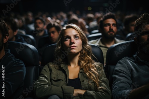 A young girl in the cinema. The audience in the cinema