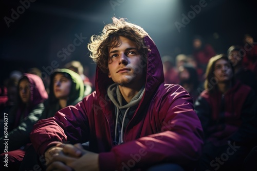 Young men sitting in theater surrounded by their friends,