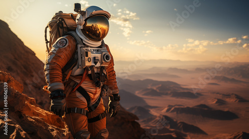 An astronaut in outer space, against the background of the planet Mars. Spacewalk.