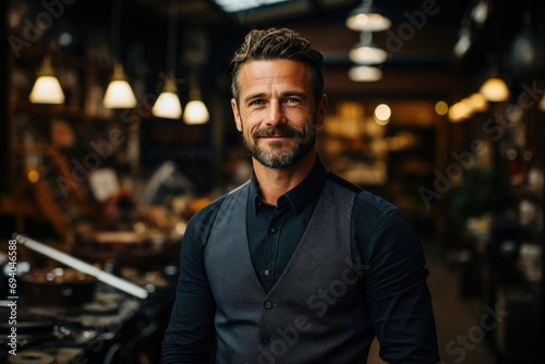 A jovial man with a rugged beard and warm smile stands confidently indoors, his vest a perfect complement to his sharp human features and stylish attire