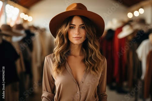 A beautiful model with a hat in a wardrobe store