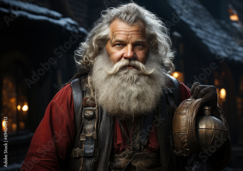 Santa clause standing in a village holding presents. A man with a long white beard and a red shirt