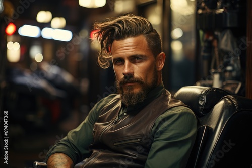 A handsome man with a modern haircut is sitting in a barber shop photo