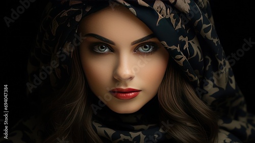 Illustration of a portrait of an incredibly beautiful and attractive girl with a stylized hood on her head