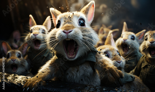 The rabbits are all crying and laughing. A group of rabbits with their mouths open photo