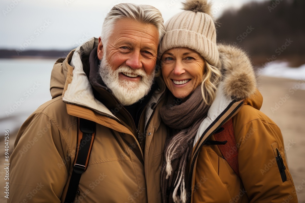 Smiling middle-aged couple on winter vacation