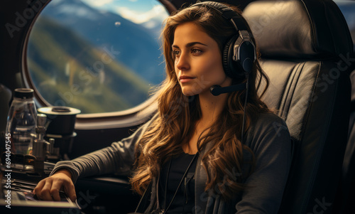 Woman business woman using computer. A woman wearing headphones sitting in an airplane