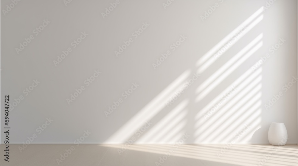 Obraz premium Minimal abstract light white background for product presentation. Shadow and light from windows on plaster wall.