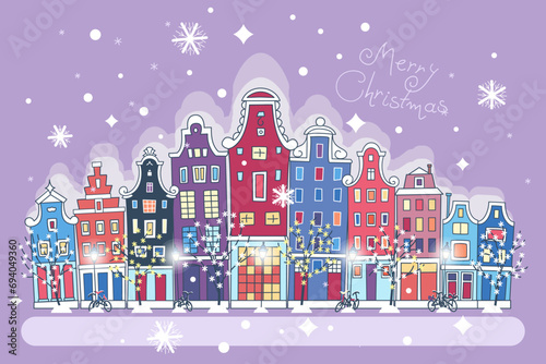 Christmas night city with traditional european houses and Christmas lights, banner 3