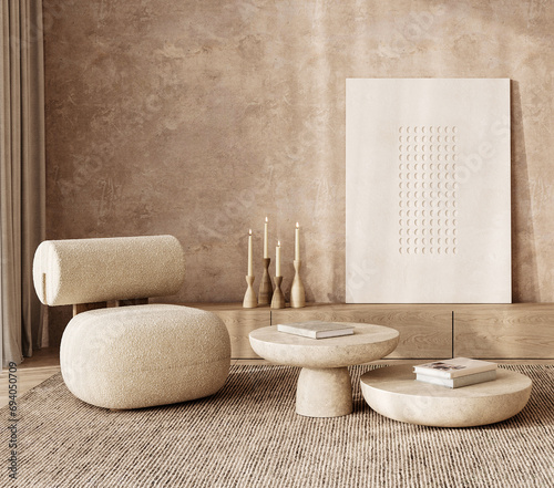 Minimalist boho scandinavian living room with abstract art and natural wood accents. 3d render