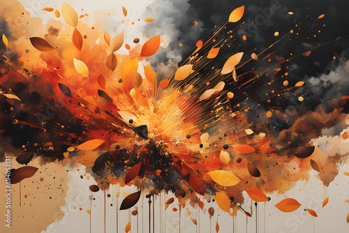 Artistic paint splatters of autumn leaves featuring bomb explosion and smoke  #694053131