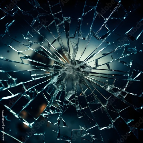 cracks on the glass impact on the glass, abstract background broken window damage. bullet hole in glass, authentic gunshot.
