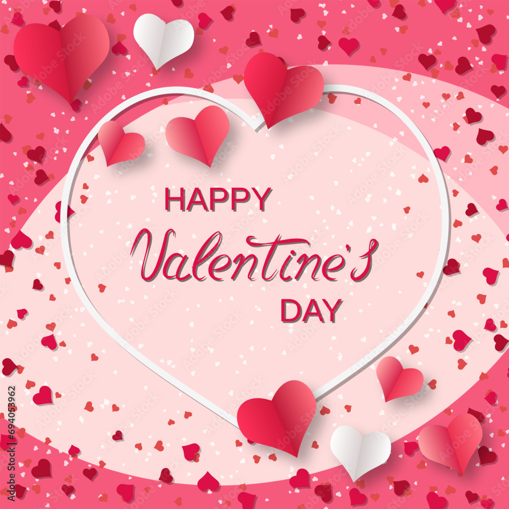 Valentine's Day elegant vector illustration. Pink background with hearts and lettering

