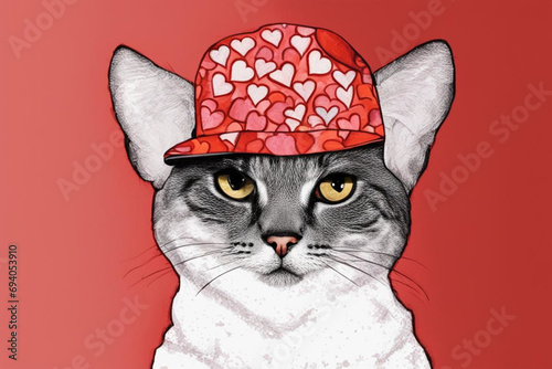 cat in love in a cap with hearts, cat with red bow