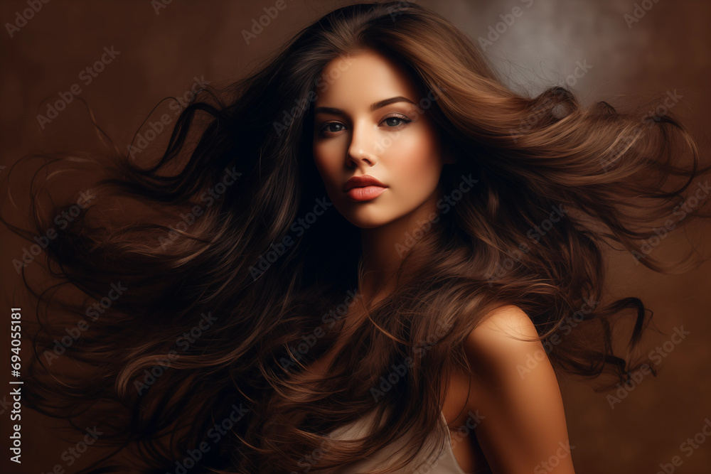 Portrait of a beautiful woman with long wavy brunette hair on the brown background Portrait of a beautiful woman with long wavy brunette hair on the brown background