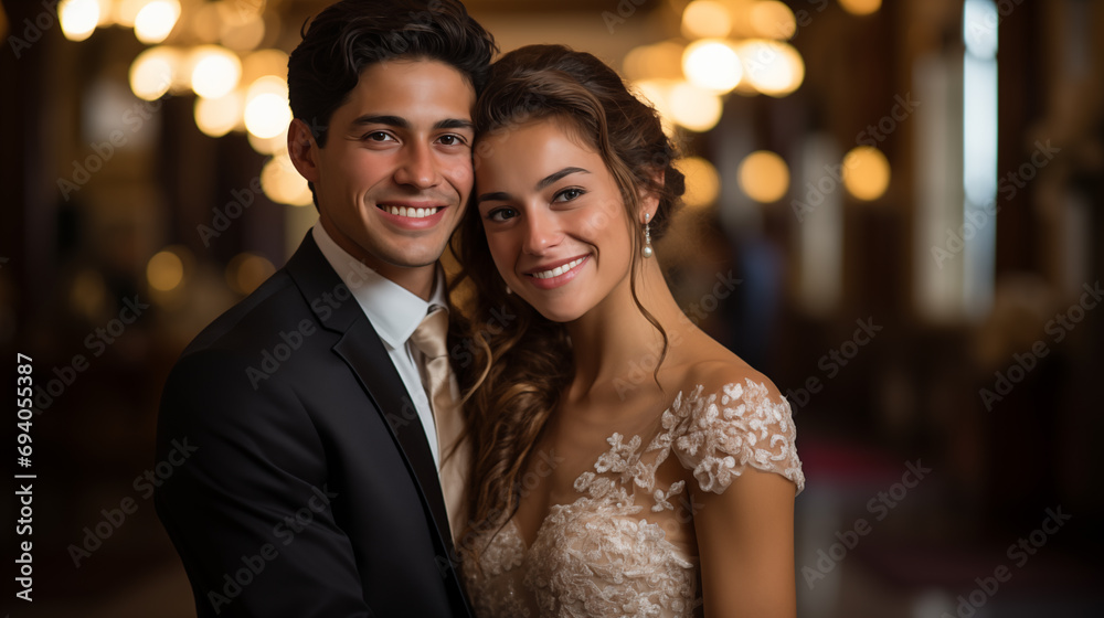 Newlyweds at their wedding close up portrait, happy groom hugging bride after ceremony Newlyweds at their wedding close up portrait, happy groom hugging bride after ceremony