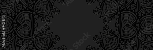 Banner, exotic cover design. Embossed ethnic tribal geometric 3D pattern on black background. Motifs of the peoples of the East, Asia, India, Mexico, Aztec, Peru. Boho style.