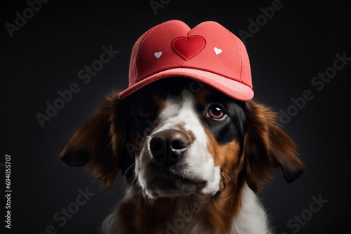 loving dog in a cap with hearts, postcard,portrait dog