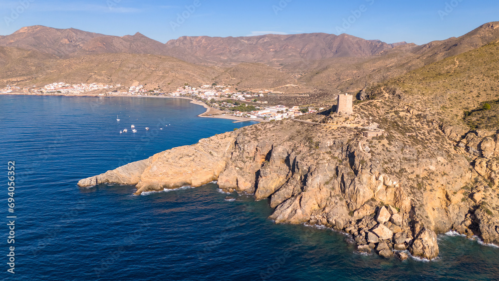 Obraz premium Aerial drone view of the coastal town and beach in La Azohia, Spain
