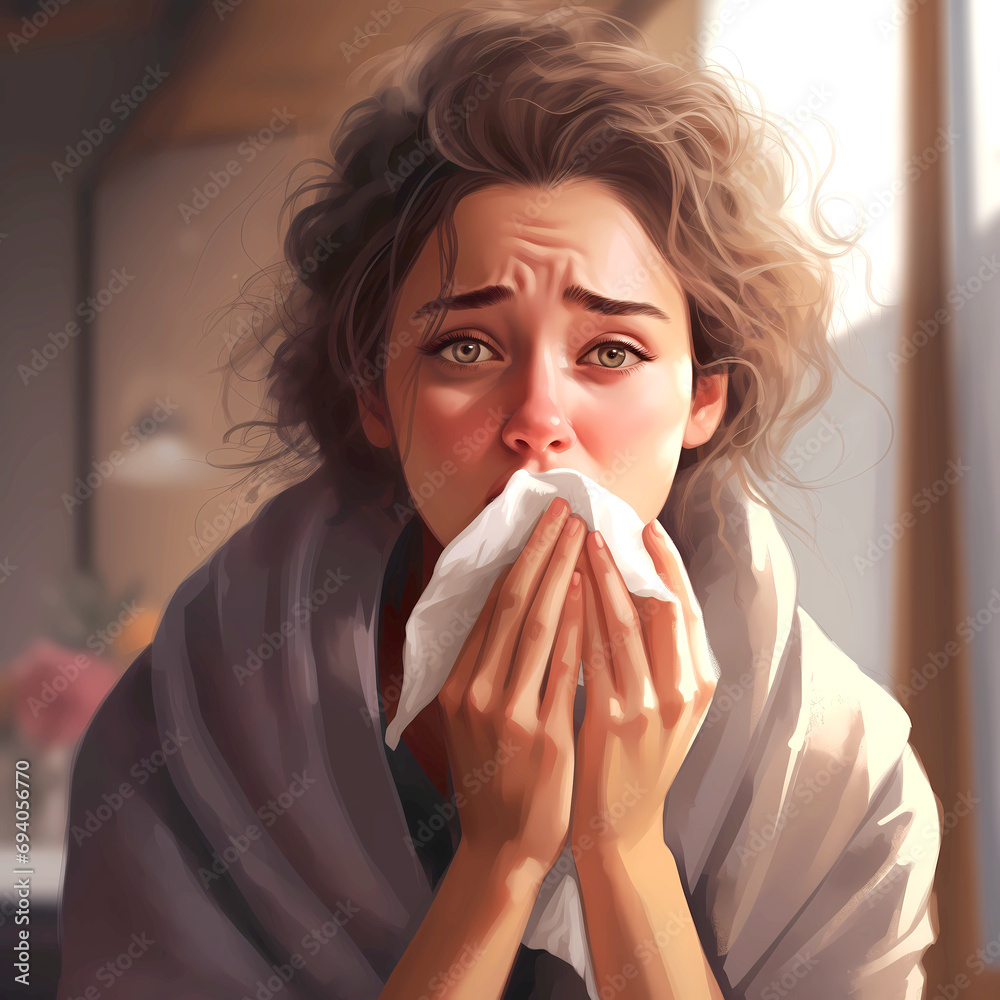 woman with itchy, watery eyes and a tissue depicting seasonal allergy