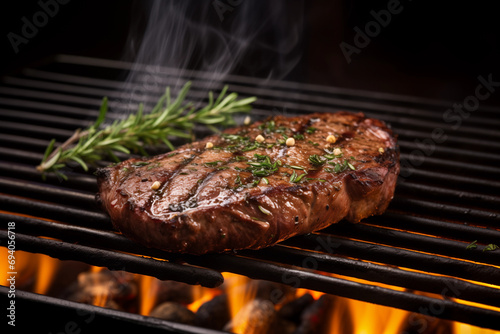 close-up of a thick juicy steak grilling over an open flame, ideal for restaurant menus