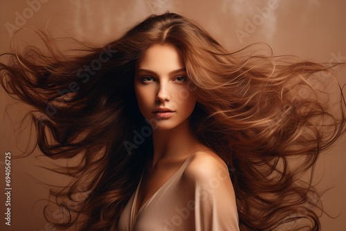 Portrait of a beautiful woman with long wavy brunette hair on the beige background