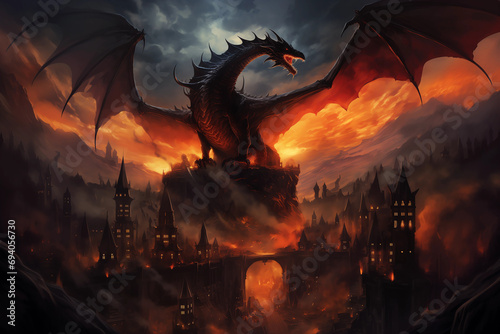 a dark fantasy scene depicting a massive black dragon over a burning city at dusk