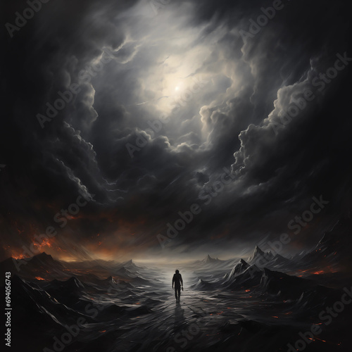 a lone figure walking through a desolate landscape under a tumultuous sky