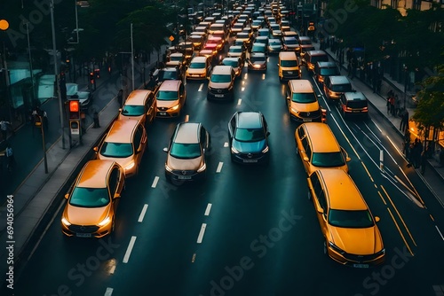 scene on a bustling city road during rush hour. The traffic lights are constantly changing, but the heavy flow of vehicles seems never-ending.