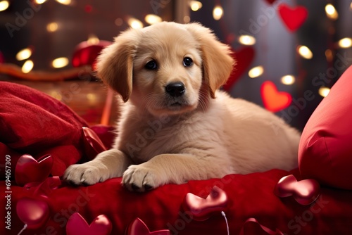 A cute puppy with a red heart-shaped pillow, surrounded by Valentine's Day decorations