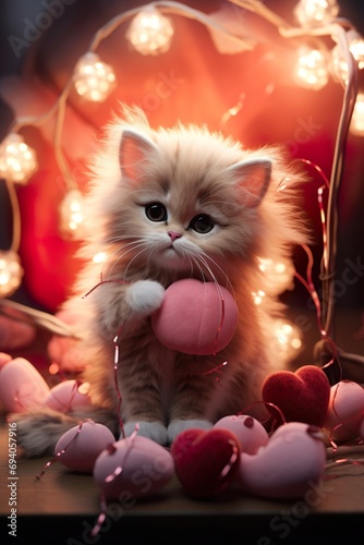 A fluffy kitten playing with Valentine's Day themed toys, including heart-shaped strings and soft plushies © EOL STUDIOS