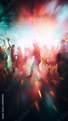 People at a concert in smoke raising their hands. Blurred background and movements. Energetic music party. Live music and fun. Concept of celebration  lively crowd  madness. Vertical banner