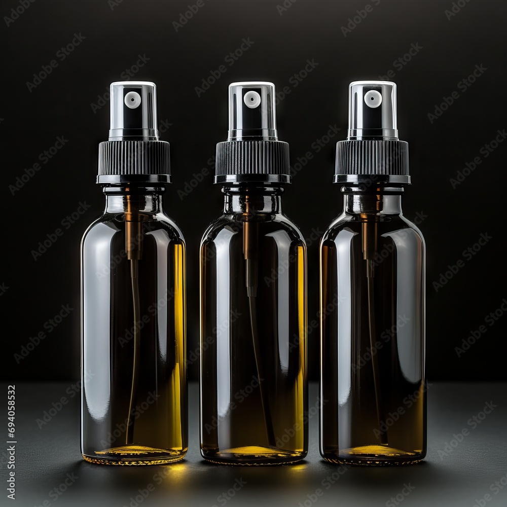 Various bottles / roller bottles / spray bottles made of glass and metal for cosmetics, natural medicine , essential oils or other liquids isolated over a black background, top view Various bottles / roller bottles / spray bottles made of glass and metal for cosmetics, natural medicine , essential oils or other liquids isolated over a black background, top view