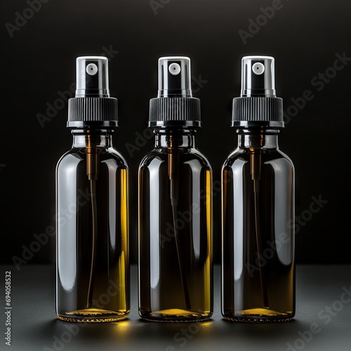 Various bottles / roller bottles / spray bottles made of glass and metal for cosmetics, natural medicine , essential oils or other liquids isolated over a black background, top view 