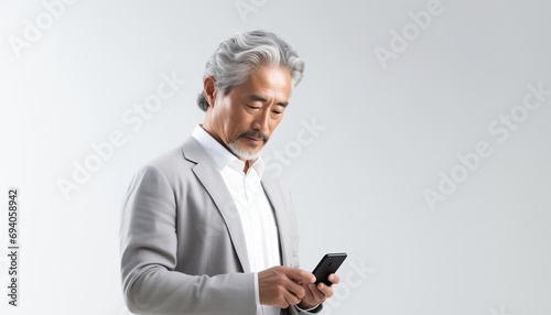 Middle-aged Asian Business man using a smartphone, wearing office attire, Portrait of a handsome older man in office setting. © COC STUDIO