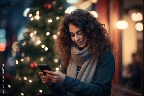 Happy young woman smiling using smartphone in hands receives Christmas greetings. Xmas celebrations and wishes. Outdoors. Winter holidays.