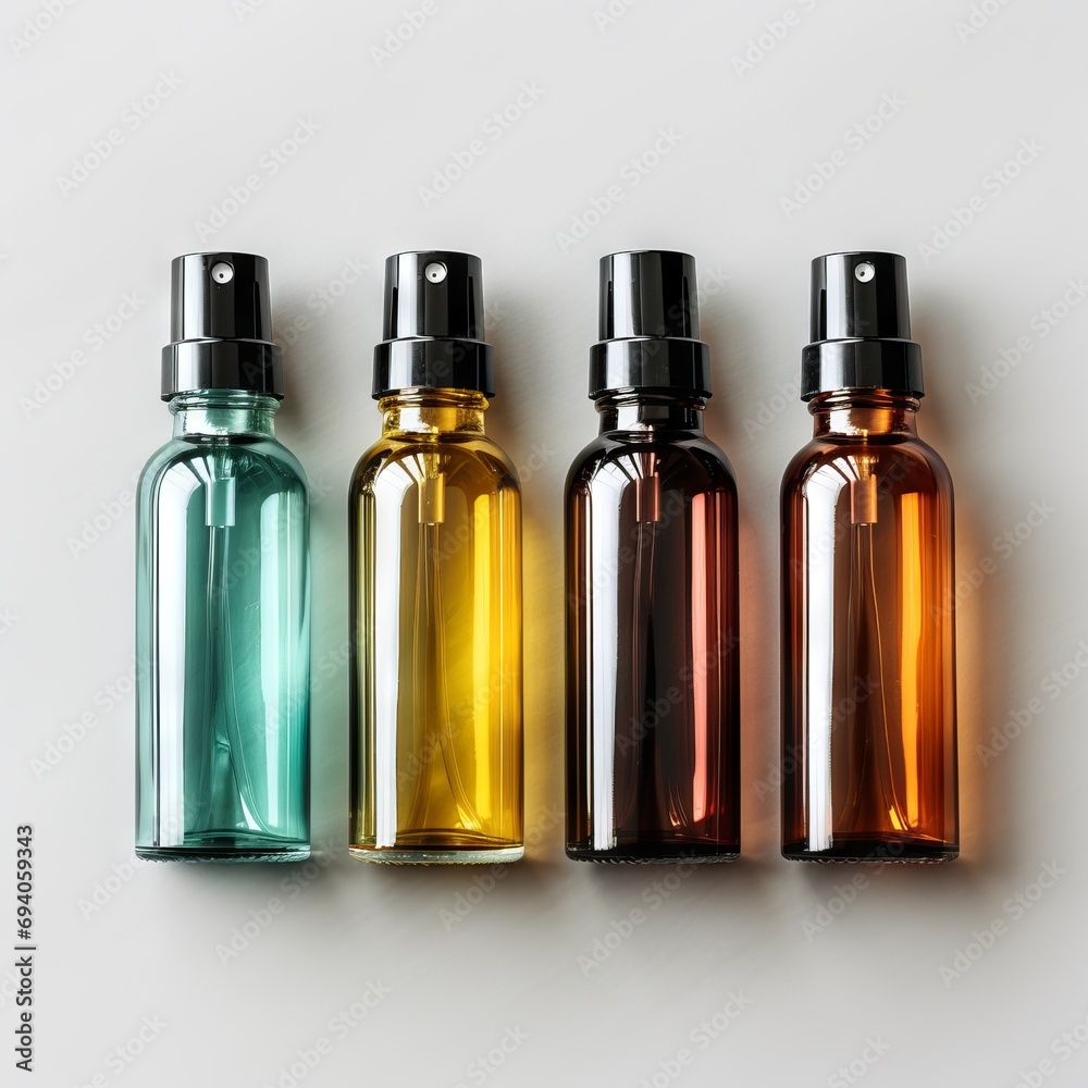Various bottles / spray bottles made of glass and metal for cosmetics, natural medicine , essential oils or other liquids isolated over a black background, top view