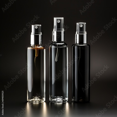 Various bottles / spray bottles made of glass and metal for cosmetics, natural medicine , essential oils or other liquids isolated over a black background, top view